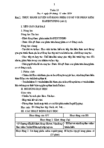 Kế hoạch bài dạy Tin học Lớp 2 - Tuần 13, Bài 7: Thực hành luyện gõ hàng phím cơ sở với phần mềm RapidTyping (Tiết 1) - Năm học 2024-2025 - Trần Thị Long