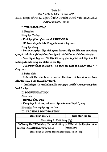 Kế hoạch bài dạy Tin học Lớp 2 - Tuần 14, Bài 7: Thực hành luyện gõ hàng phím cơ sở với phần mềm RapidTyping (Tiết 2) - Năm học 2024-2025 - Trần Thị Long