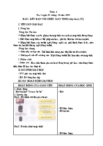 Kế hoạch bài dạy Tin học Lớp 2 - Tuần 4, Bài 2: Kết bạn với chiếc máy tính (Tiếp theo - Tiết 2) - Năm học 2024-2025 - Trần Thị Long