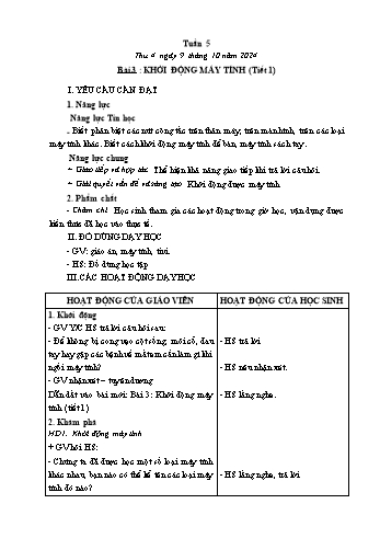 Kế hoạch bài dạy Tin học Lớp 2 - Tuần 5, Bài 3: Khởi động máy tính (Tiết 1) - Năm học 2024-2025 - Trần Thị Long