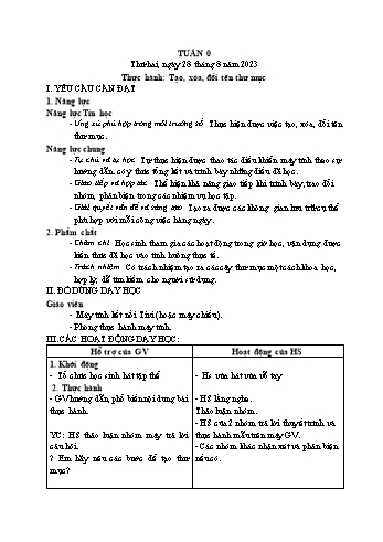 Kế hoạch bài dạy Tin học Lớp 3 - Tuần 0, Thực hành: Tạo, xóa, đổi tên thư mục - Năm học 2023-2024 - Trần Thị Long