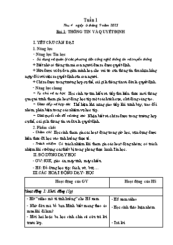 Kế hoạch bài dạy Tin học Lớp 3 - Tuần 1, Bài 1: Thông tin và quyết định - Năm học 2023-2024 - Trần Thị Long
