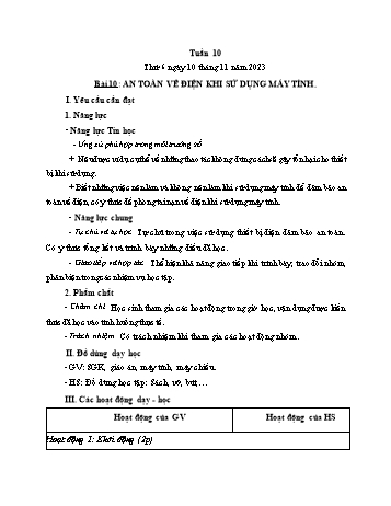 Kế hoạch bài dạy Tin học Lớp 3 - Tuần 10, Bài 10: An toàn về điện khi sử dụng máy tính - Năm học 2023-2024 - Trần Thị Long