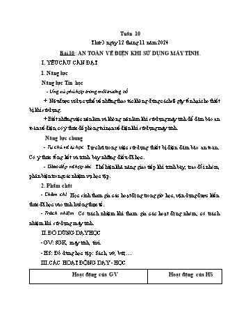 Kế hoạch bài dạy Tin học Lớp 3 - Tuần 10, Bài 10: An toàn về điện khi sử dụng máy tính - Năm học 2024-2025 - Trần Thị Long
