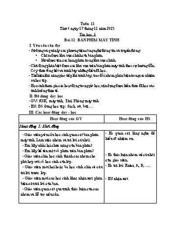 Kế hoạch bài dạy Tin học Lớp 3 - Tuần 11, Bài 11: Bàn phím máy tính - Năm học 2023-2024 - Trần Thị Long