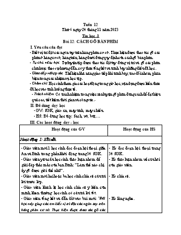 Kế hoạch bài dạy Tin học Lớp 3 - Tuần 12, Bài 12: Cách gõ bàn phím - Năm học 2023-2024 - Trần Thị Long