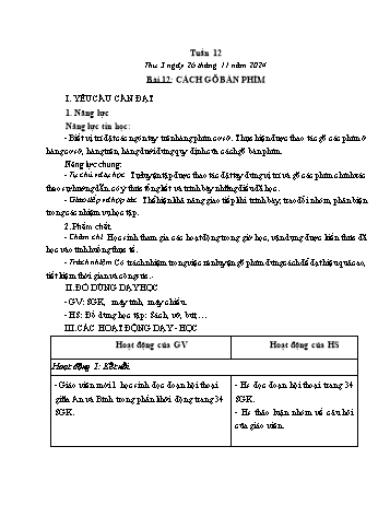 Kế hoạch bài dạy Tin học Lớp 3 - Tuần 12, Bài 12: Cách gõ bàn phím - Năm học 2024-2025 - Trần Thị Long