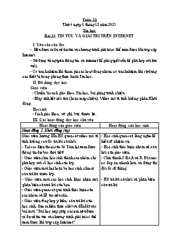 Kế hoạch bài dạy Tin học Lớp 3 - Tuần 13, Bài 13: Tin tức và giải trí trên Internet - Năm học 2023-2024 - Trần Thị Long