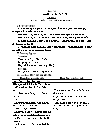 Kế hoạch bài dạy Tin học Lớp 3 - Tuần 14, Bài 14: Thông tin trên Internet - Năm học 2023-2024 - Trần Thị Long