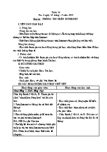 Kế hoạch bài dạy Tin học Lớp 3 - Tuần 14, Bài 14: Thông tin trên Internet - Năm học 2024-2025 - Trần Thị Long
