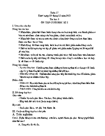 Kế hoạch bài dạy Tin học Lớp 3 - Tuần 17, Bài: Ôn tập cuối học kì I - Năm học 2023-2024 - Trần Thị Long