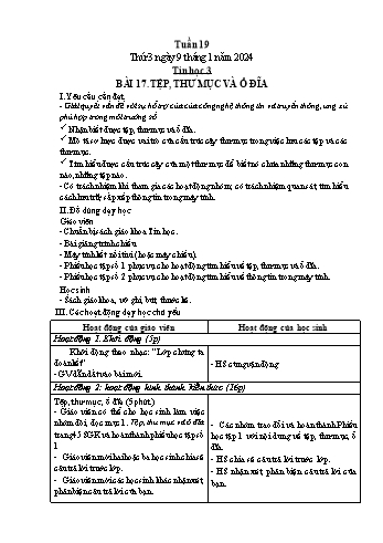 Kế hoạch bài dạy Tin học Lớp 3 - Tuần 19, Bài 17: Tệp, thư mục và ổ đĩa - Năm học 2023-2024 - Trần Thị Long