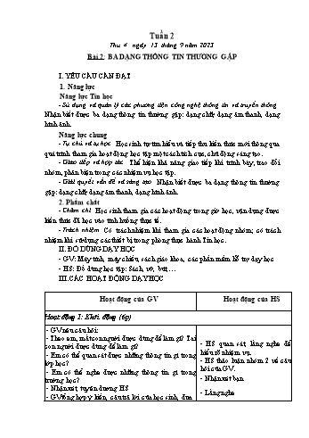 Kế hoạch bài dạy Tin học Lớp 3 - Tuần 2, Bài 2: Ba dạng thông tin thường gặp - Năm học 2023-2024 - Trần Thị Long