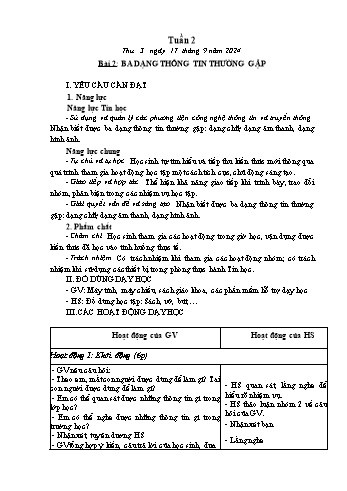 Kế hoạch bài dạy Tin học Lớp 3 - Tuần 2, Bài 2: Ba dạng thông tin thường gặp - Năm học 2024-2025 - Trần Thị Long