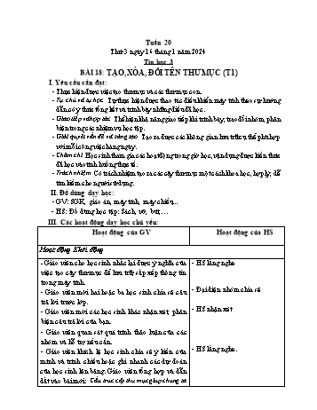 Kế hoạch bài dạy Tin học Lớp 3 - Tuần 20, Bài 18: Tạo, xóa, đổi tên thư mục (Tiết 1) - Năm học 2023-2024 - Trần Thị Long