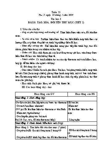 Kế hoạch bài dạy Tin học Lớp 3 - Tuần 21, Bài 18: Tạo, xóa, đổi tên thư mục (Tiết 2) - Năm học 2023-2024 - Trần Thị Long