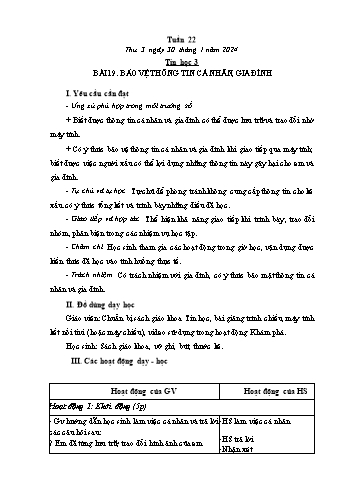 Kế hoạch bài dạy Tin học Lớp 3 - Tuần 22, Bài 19: Bảo vệ thông tin cá nhân, gia đình - Năm học 2023-2024 - Trần Thị Long