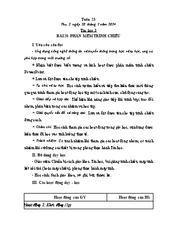 Kế hoạch bài dạy Tin học Lớp 3 - Tuần 23, Bài 20: Phần mềm trình chiếu - Năm học 2023-2024 - Trần Thị Long