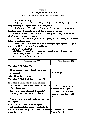 Kế hoạch bài dạy Tin học Lớp 3 - Tuần 25, Bài 21: Nhập văn bản cho trang chiếu - Năm học 2024-2025 - Trần Thị Long
