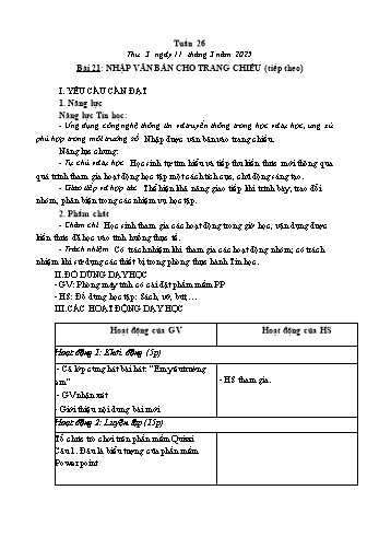 Kế hoạch bài dạy Tin học Lớp 3 - Tuần 26, Bài 21: Nhập văn bản cho trang chiếu (Tiếp theo) - Năm học 2024-2025 - Trần Thị Long