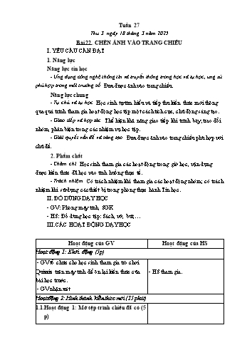 Kế hoạch bài dạy Tin học Lớp 3 - Tuần 27, Bài 22: Chèn ảnh vào trang chiếu - Năm học 2024-2025 - Trần Thị Long