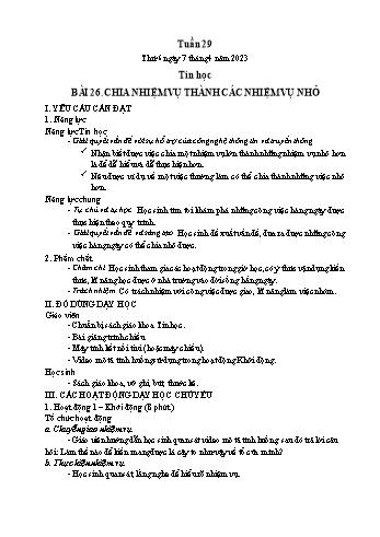 Kế hoạch bài dạy Tin học Lớp 3 - Tuần 29, Bài 26: Chia nhiệm vụ thành các nhiệm vụ nhỏ - Năm học 2022-2023 - Trần Thị Long