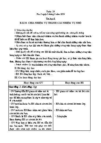 Kế hoạch bài dạy Tin học Lớp 3 - Tuần 29, Bài 26: Chia nhiệm vụ thành các nhiệm vụ nhỏ - Năm học 2023-2024 - Trần Thị Long