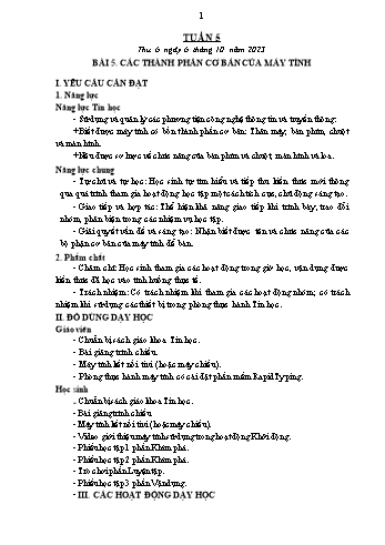 Kế hoạch bài dạy Tin học Lớp 3 - Tuần 3, Bài 5: Các thành phần cơ bản của máy tính - Năm học 2023-2024 - Trần Thị Long