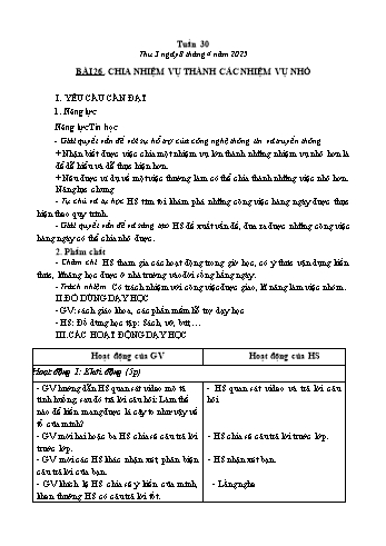 Kế hoạch bài dạy Tin học Lớp 3 - Tuần 30, Bài 26: Chia nhiệm vụ thành các nhiệm vụ nhỏ - Năm học 2024-2025 - Trần Thị Long