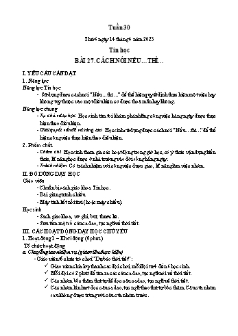 Kế hoạch bài dạy Tin học Lớp 3 - Tuần 30, Bài 27: Cách nói nếu…thì… - Năm học 2022-2023 - Trần Thị Long