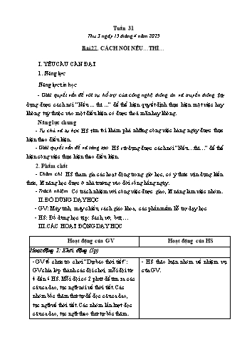 Kế hoạch bài dạy Tin học Lớp 3 - Tuần 31, Bài 27: Cách nói nếu…thì… - Năm học 2024-2025 - Trần Thị Long