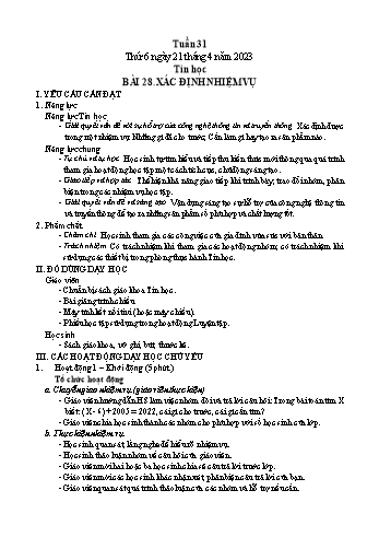 Kế hoạch bài dạy Tin học Lớp 3 - Tuần 31, Bài 28: Xác định nhiệm vụ - Năm học 2022-2023 - Trần Thị Long