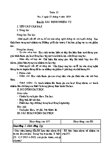 Kế hoạch bài dạy Tin học Lớp 3 - Tuần 32, Bài 28: Xác định nhiệm vụ - Năm học 2024-2025 - Trần Thị Long