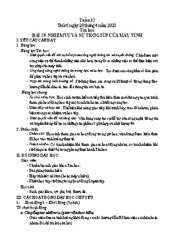 Kế hoạch bài dạy Tin học Lớp 3 - Tuần 32, Bài 29: Nhiệm vụ và sự trợ giúp của máy tính - Năm học 2022-2023 - Trần Thị Long