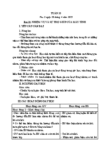 Kế hoạch bài dạy Tin học Lớp 3 - Tuần 33, Bài 29: Nhiệm vụ và sự trợ giúp của máy tính - Năm học 2024-2025 - Trần Thị Long