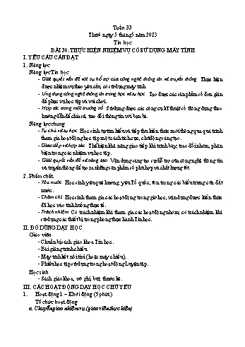 Kế hoạch bài dạy Tin học Lớp 3 - Tuần 33, Bài 30: Thực hiện nhiệm vụ có sử dụng máy tính - Năm học 2022-2023 - Trần Thị Long