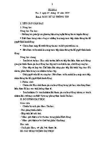 Kế hoạch bài dạy Tin học Lớp 3 - Tuần 4, Bài 4: Máy xử lí thông tin - Năm học 2024-2025 - Trần Thị Long