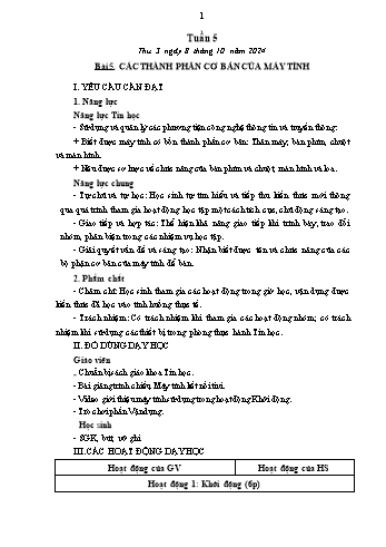 Kế hoạch bài dạy Tin học Lớp 3 - Tuần 5, Bài 5: Các thành phần cơ bản của máy tính - Năm học 2024-2025 - Trần Thị Long