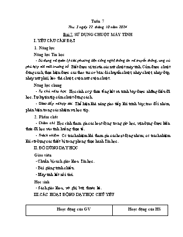 Kế hoạch bài dạy Tin học Lớp 3 - Tuần 7, Bài 7: Sử dụng chuột máy tính - Năm học 2024-2025 - Trần Thị Long