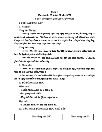 Kế hoạch bài dạy Tin học Lớp 3 - Tuần 7, Bài 7: Sử dụng chuột máy tính - Năm học 2023-2024 - Trần Thị Long