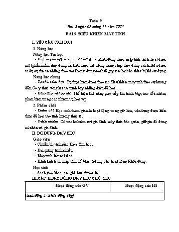 Kế hoạch bài dạy Tin học Lớp 3 - Tuần 9, Bài 9: Điều khiển máy tính - Năm học 2024-2025 - Trần Thị Long
