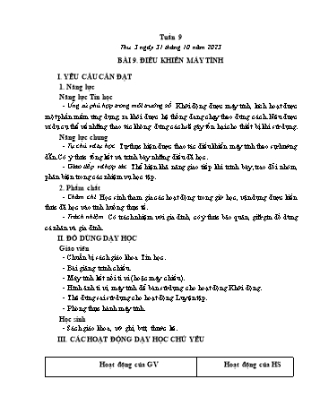 Kế hoạch bài dạy Tin học Lớp 3 - Tuần 9, Bài 9: Điều khiển máy tính - Năm học 2023-2024 - Trần Thị Long