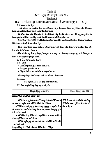 Kế hoạch bài dạy Tin học Lớp 4 - Tuần 11, Bài 10: Tác hại khi thao tác nhầm với tệp, thư mục - Năm học 2023-2024 - Trần Thị Long