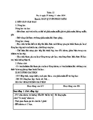 Kế hoạch bài dạy Tin học Lớp 4 - Tuần 12, Bài 11: Bản quyền phần mềm - Năm học 2024-2025 - Trần Thị Long