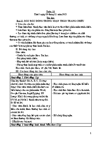 Kế hoạch bài dạy Tin học Lớp 4 - Tuần 13, Bài 12: Dấu đầu dòng trong soạn thảo trang chiếu - Năm học 2023-2024 - Trần Thị Long