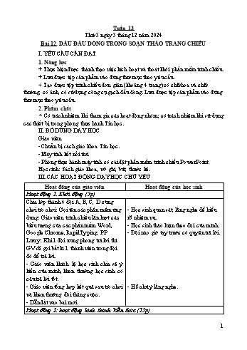 Kế hoạch bài dạy Tin học Lớp 4 - Tuần 13, Bài 12: Dấu đầu dòng trong soạn thảo trang chiếu - Năm học 2024-2025 - Trần Thị Long
