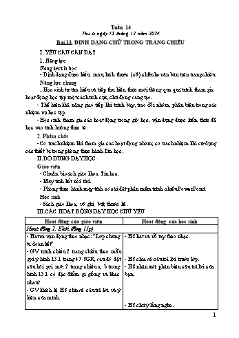 Kế hoạch bài dạy Tin học Lớp 4 - Tuần 14, Bài 13: Định dạng chữ trong trang chiếu - Năm học 2024-2025 - Trần Thị Long