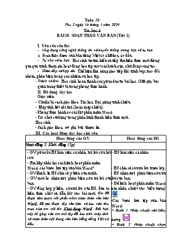 Kế hoạch bài dạy Tin học Lớp 4 - Tuần 20, Bài 16: Soạn thảo văn bản (Tiết 1) - Năm học 2023-2024 - Trần Thị Long