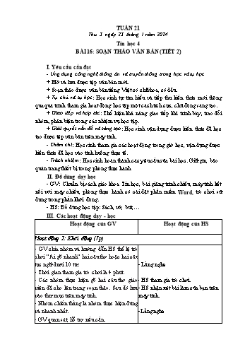 Kế hoạch bài dạy Tin học Lớp 4 - Tuần 21, Bài 16: Soạn thảo văn bản (Tiết 2) - Năm học 2023-2024 - Trần Thị Long