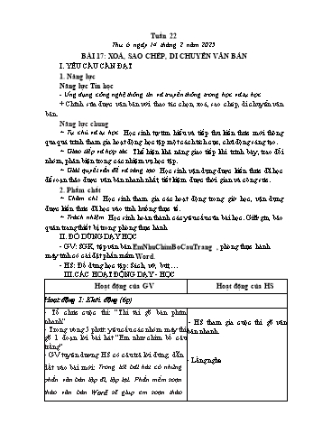 Kế hoạch bài dạy Tin học Lớp 4 - Tuần 22, Bài 17: Xoá, sao chép, di chuyển văn bản - Năm học 2024-2025 - Trần Thị Long